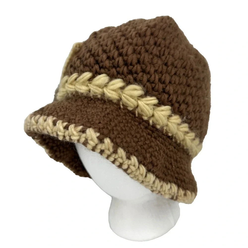 Women's Crochet Cloche Fleece Lined Winter Hat Faux Fur Flower Accent Brown Knit